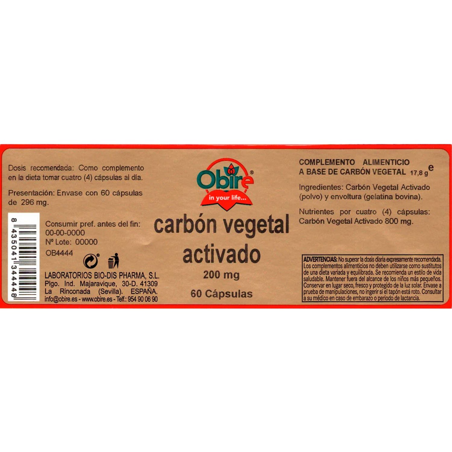 Carbón vegetal activado 200 mg etiqueta