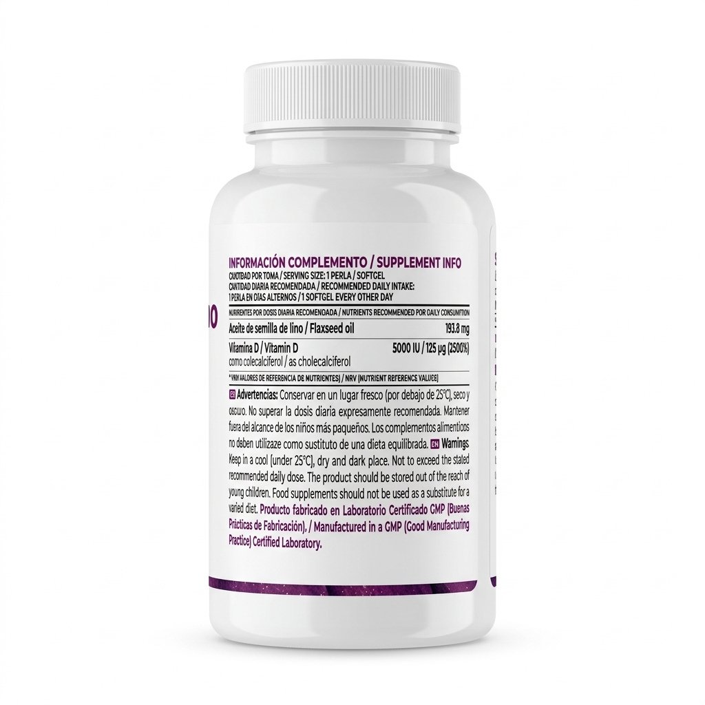 Etiqueta ingredientes Vitamina D3 HSN con aceite de semilla de lino y certificado GMP