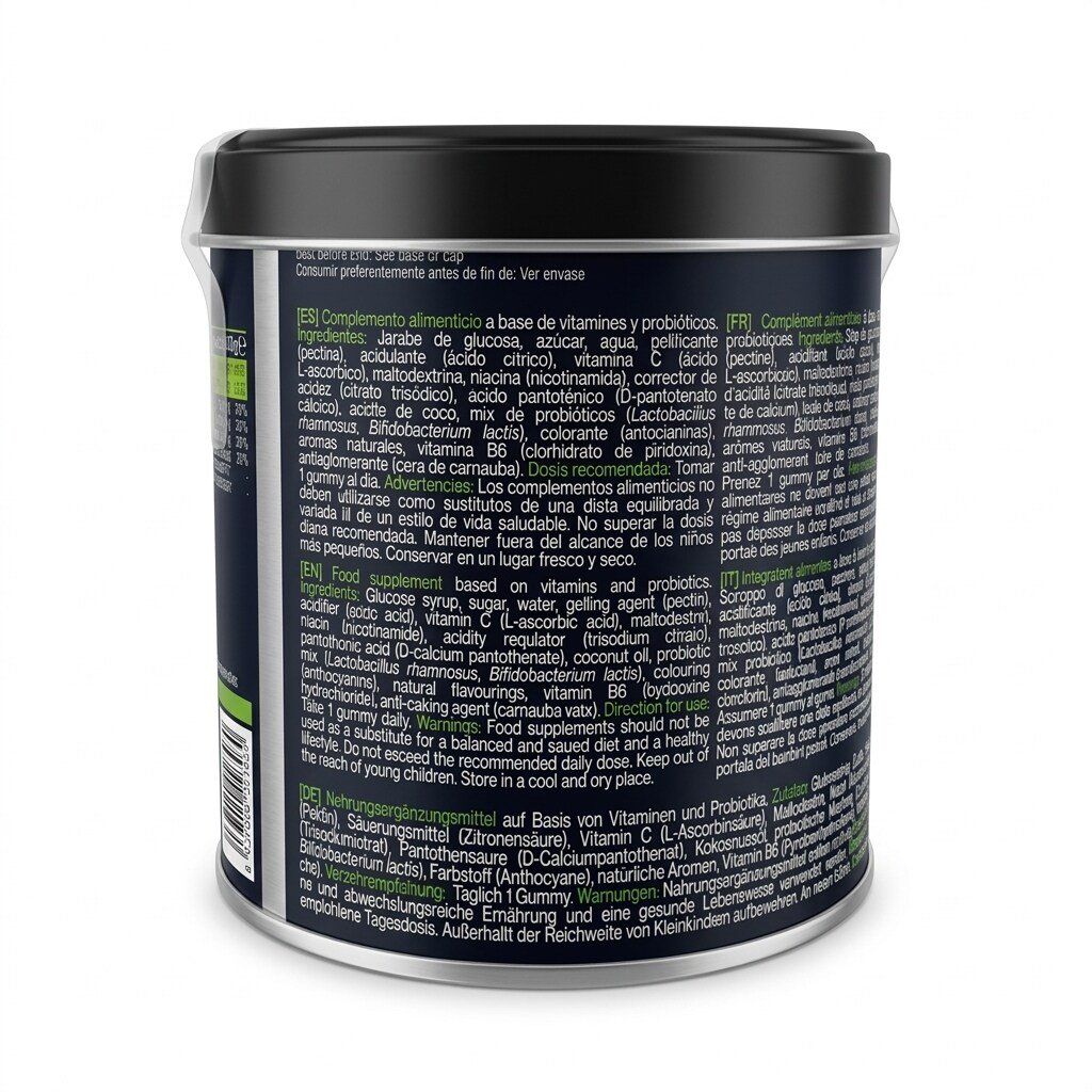 Lista de ingredientes y cepas probióticas de las gominolas Aldous Bio