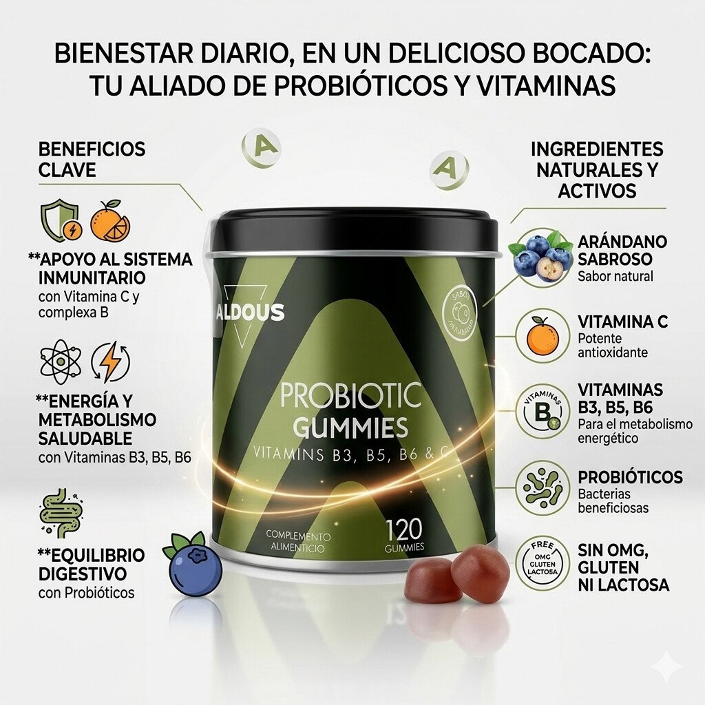 Probioticos Gummies Aldous Bio Salud Digestiva e Inmunitaria en Formato Gominola