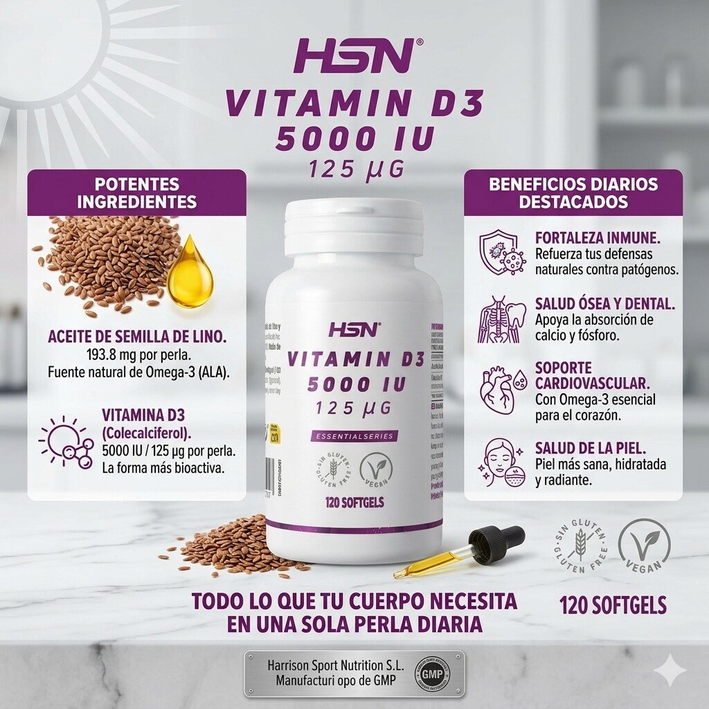 Vitamina D3 5000 IU HSN 120 Perlas Veganas y Sin Gluten