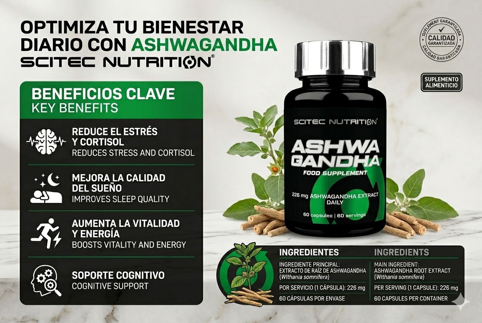 Cápsulas de Ashwagandha Scitec Nutrition 226mg beneficios y dosis